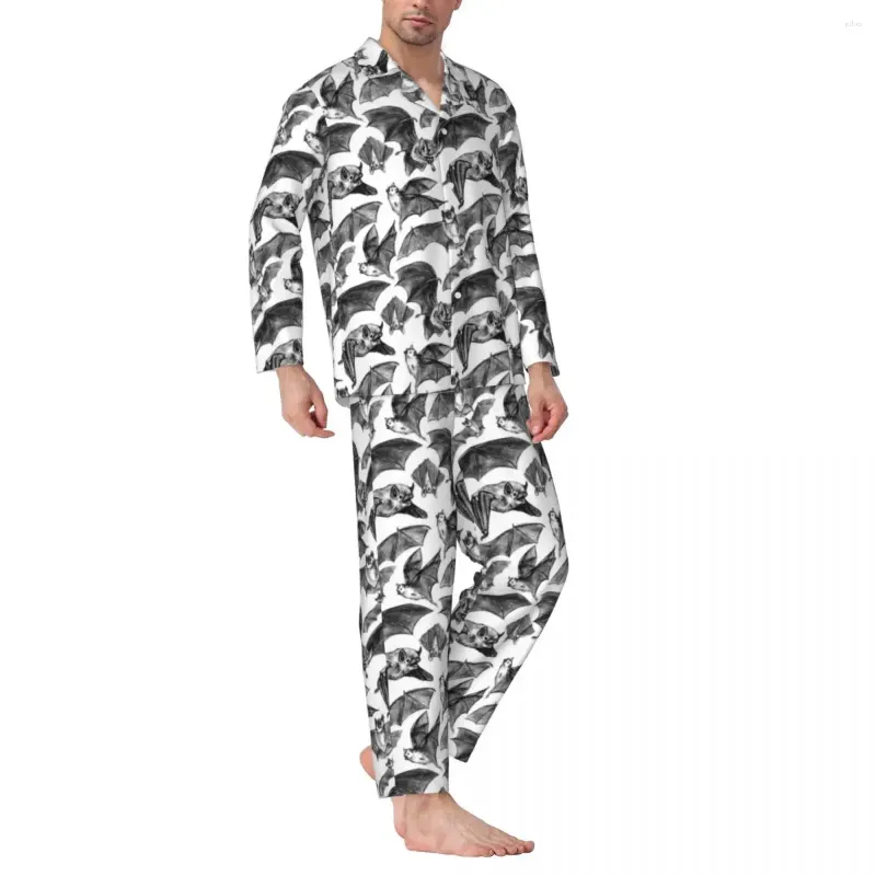 Vêtements de nuit pour hommes motif chauve-souris ensemble de pyjamas chauves-souris volantes effrayantes couple confortable à manches longues Vintage nuit 2 pièces costume à la maison grande taille 2XL