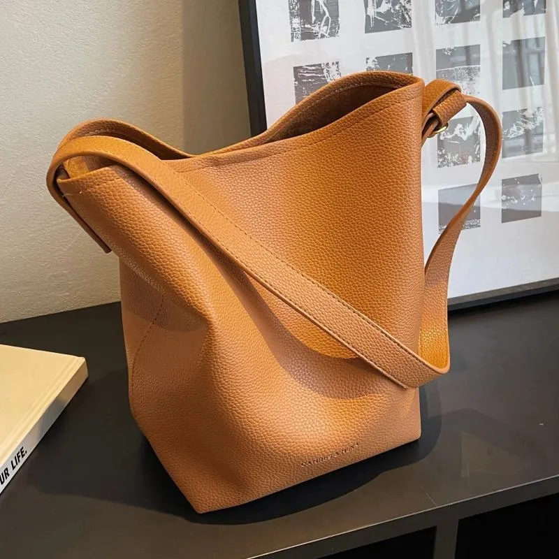 Evening Bags Solid Vegan Leather Large Bucket Shouler For Women Handbags Purses 2024 Vintage Casual Tote High Quality