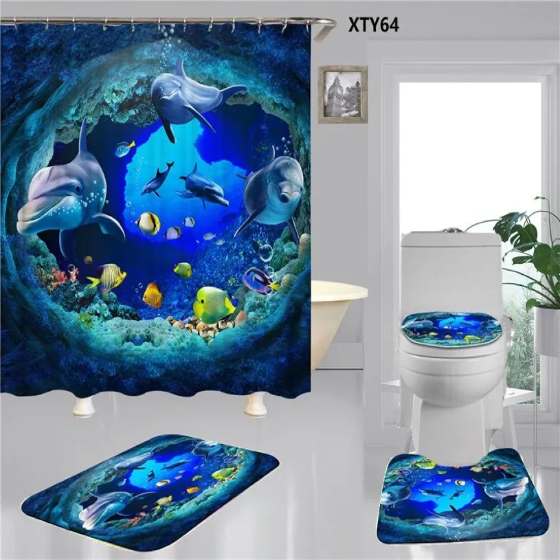 Modern Bath Shower Curtain Set 3D Printed Dolphin Bathroom Curtains Tide Home el Toilet Seat Cover286Z