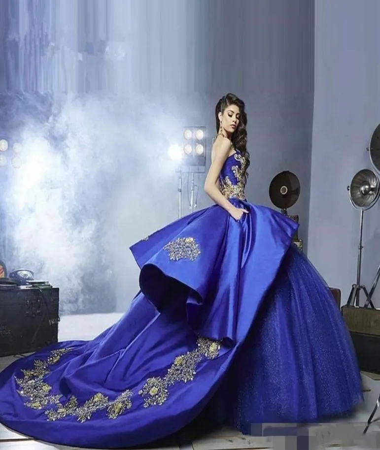 Geleneksel Sevgilim Balo Elbise Quinceanera Elbiseler Altın Dantel Aplike Vintage Masquerade Royal Blue Tatlı 16 Kız Elbise Balo PA2713506