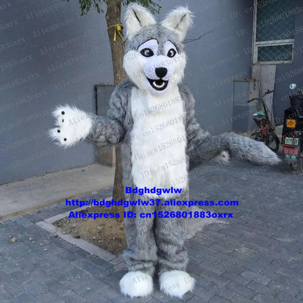 Costumi mascotte Pelliccia lunga Pelosa Lupo grigio Cane Husky Fursuit Costume mascotte Cartone animato adulto Vestito Grande famiglia Riunione Showtime Puntelli scenici Zx397