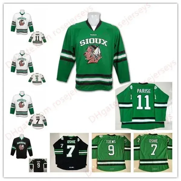 Personalizado Homens Mulheres Juventude Chicago''Blackhawks''11 Zach Parise 9 Jonathan Toews 7 TJ Oshie Branco Preto Verde Costurado College UND Hockey Jerseys S-3XL