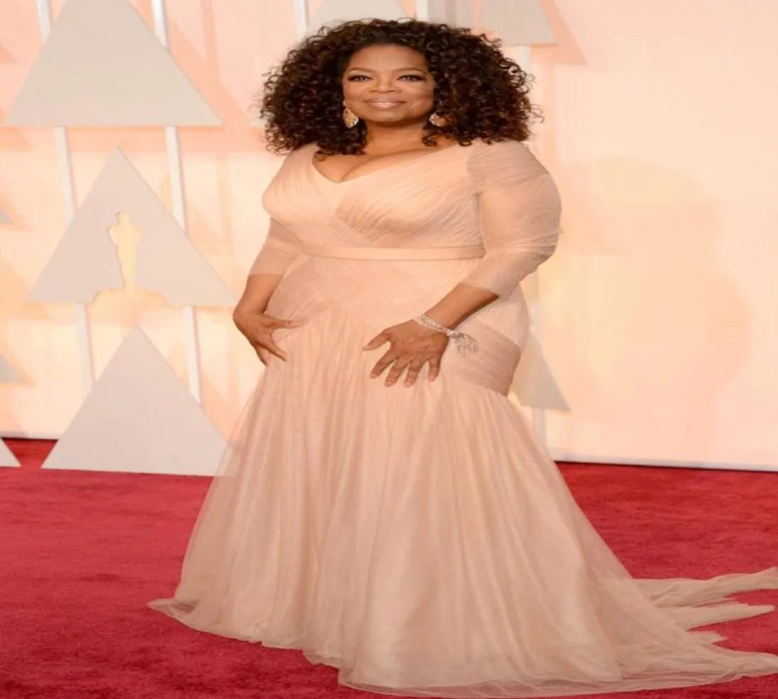 Oprah Winfrey Oscar Celebrity Abiti da tappeto rosso Champagne Sirena Plus Size Manica lunga Pieghettata da sera Abiti da sposa per la madre6765653