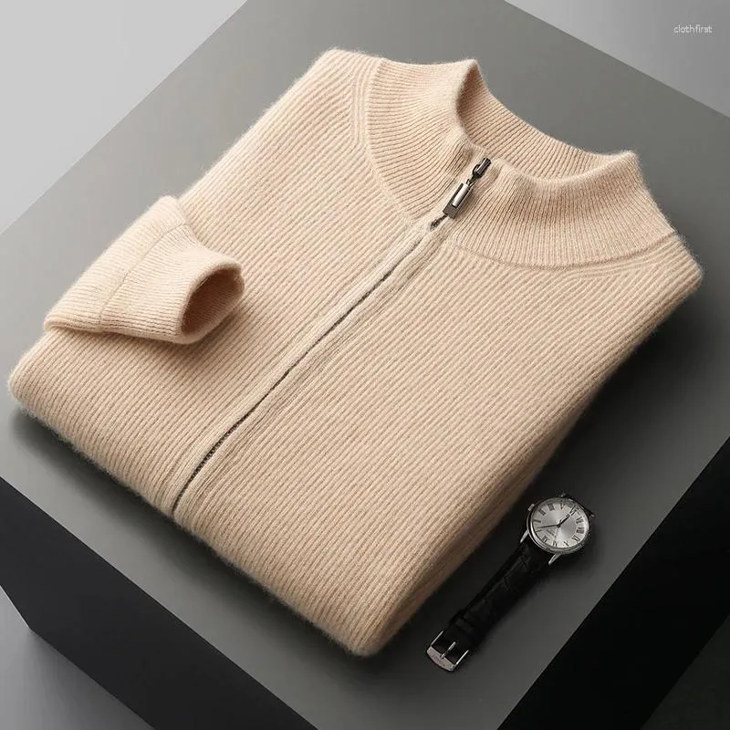 Men's Sweaters Autumn And Winter Pure Wool Cardigan Stand Collar Zipper Knitted Sweater Solid Color Leisure Padded Coat.