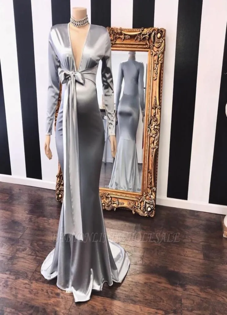 2022 Seksowne srebrne sukienki z barem na szyję długie rękawy z łuk talii wieczorowe suknie Dalum of Honor Druhna Sukienka BC59829668686