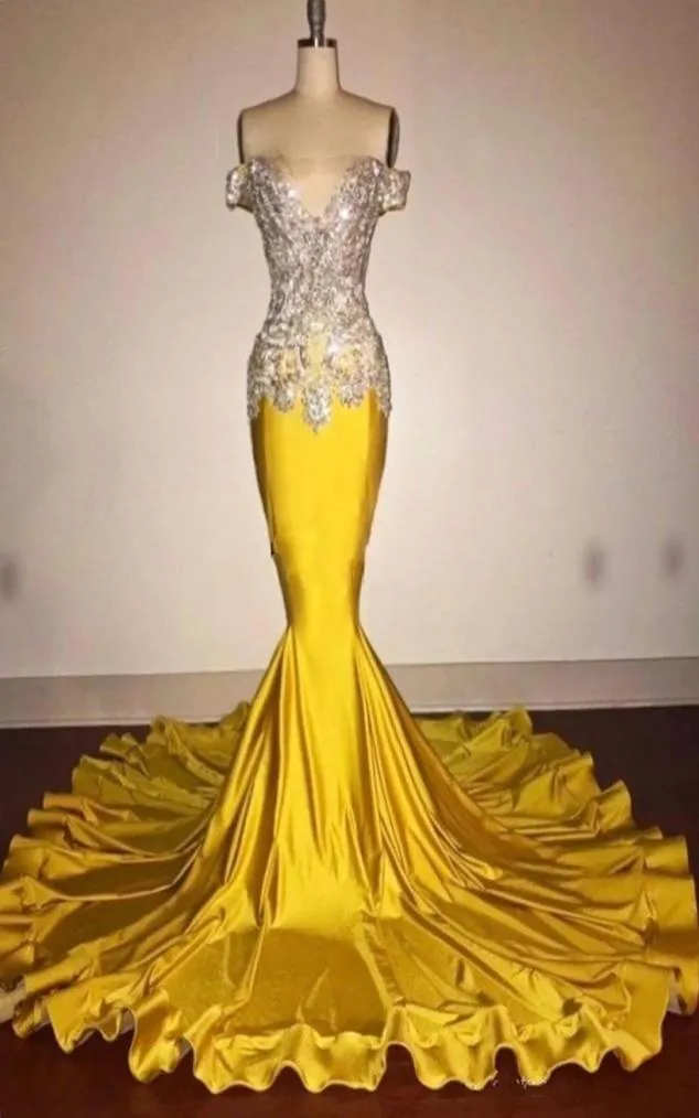 New Yellow Mermaid Prom Dresses 2020 Off the Shoulder Lace Applique 파티 파티 드레스 Destidos de Fiesta Largos Evening Dress2160555