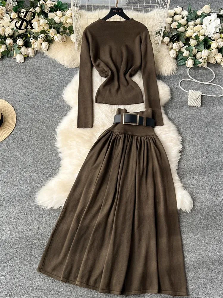 Рабочие платья SINGREINY, зимние элегантные вязаные комплекты из двух предметов, женский тонкий пуловер с длинными рукавами, юбка с эластичным поясом, осенний повседневный теплый костюм