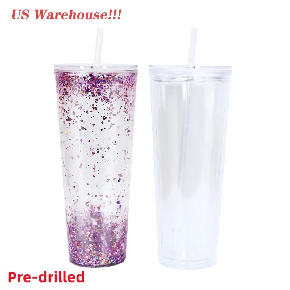 US Warehouse Pre-drilled 24oz Acrylic Tumblers with lid and Straws Snow Globe Tumbler Double Wall Clear Plastic Tumblers with hole276B