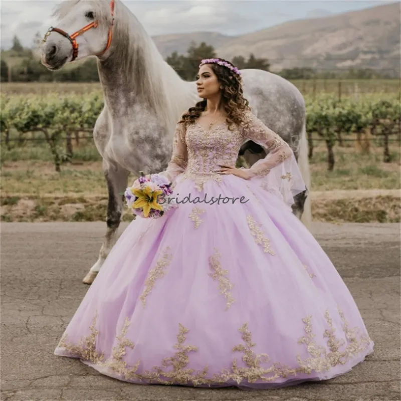 Feenhaftes hellviolettes Abendkleid für Quinceanera 2024, Prinzessin, mit Puffärmeln, V-Ausschnitt, Festzugsapplikationen, Spitze, Geburtstags-Abschlussballkleid, elegantes Debütantin-Sechzehn-Fotografie