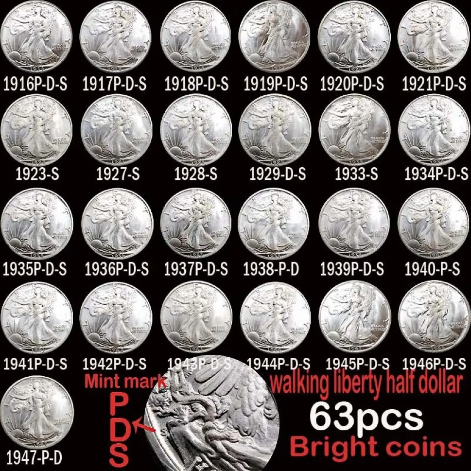 63 Stück USA Komplettset Walking Liberty Münzen Helles Silber Versilberte Kupferkopie Münze208P