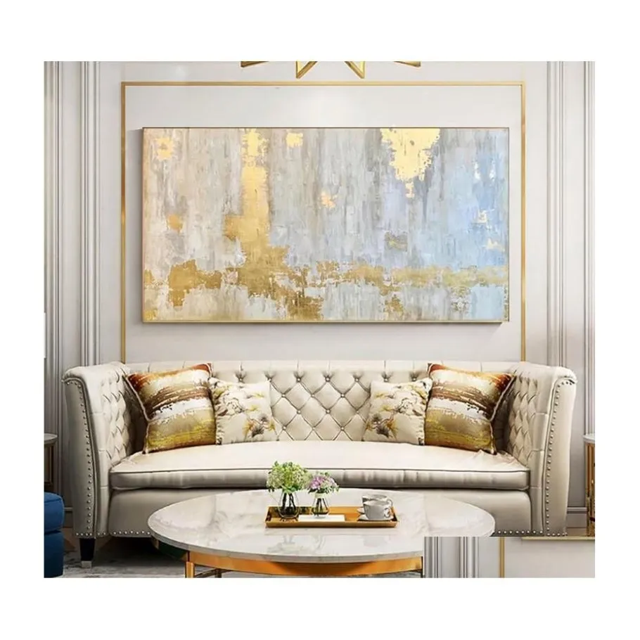 Målningar nordisk väggkonst gyllene oljemålning på duk abstrakt guldblå ​​textur stor salong interiör heminredning droppleverans g255q