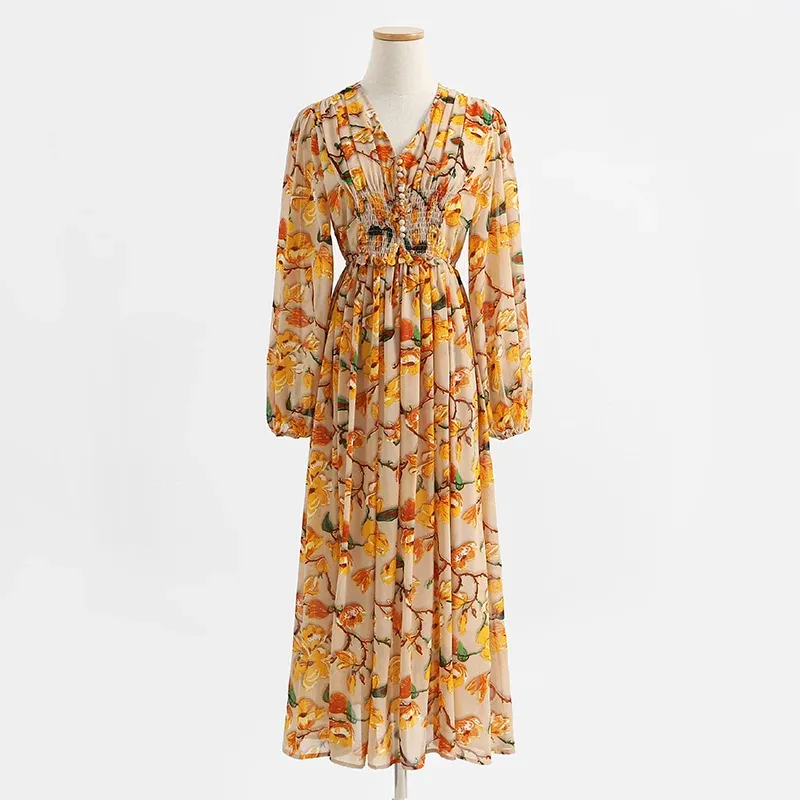 Jurken 2023 Lente Zwangere Vrouw Mooie Jurk Koreaanse Stijl V-hals Hoge Taille Bloemen Moederschap Strandjurk Chiffon Jurk Maxi Jurk