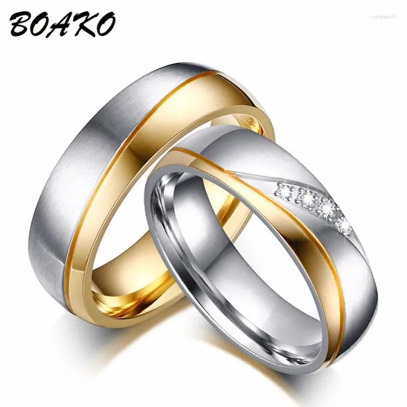 With Side Stones BOAKO Titanium Stainless Steel Rings For Women Men Wedding Ring Zirconia Engagement Anillos Anniversary Promise Bague Femme