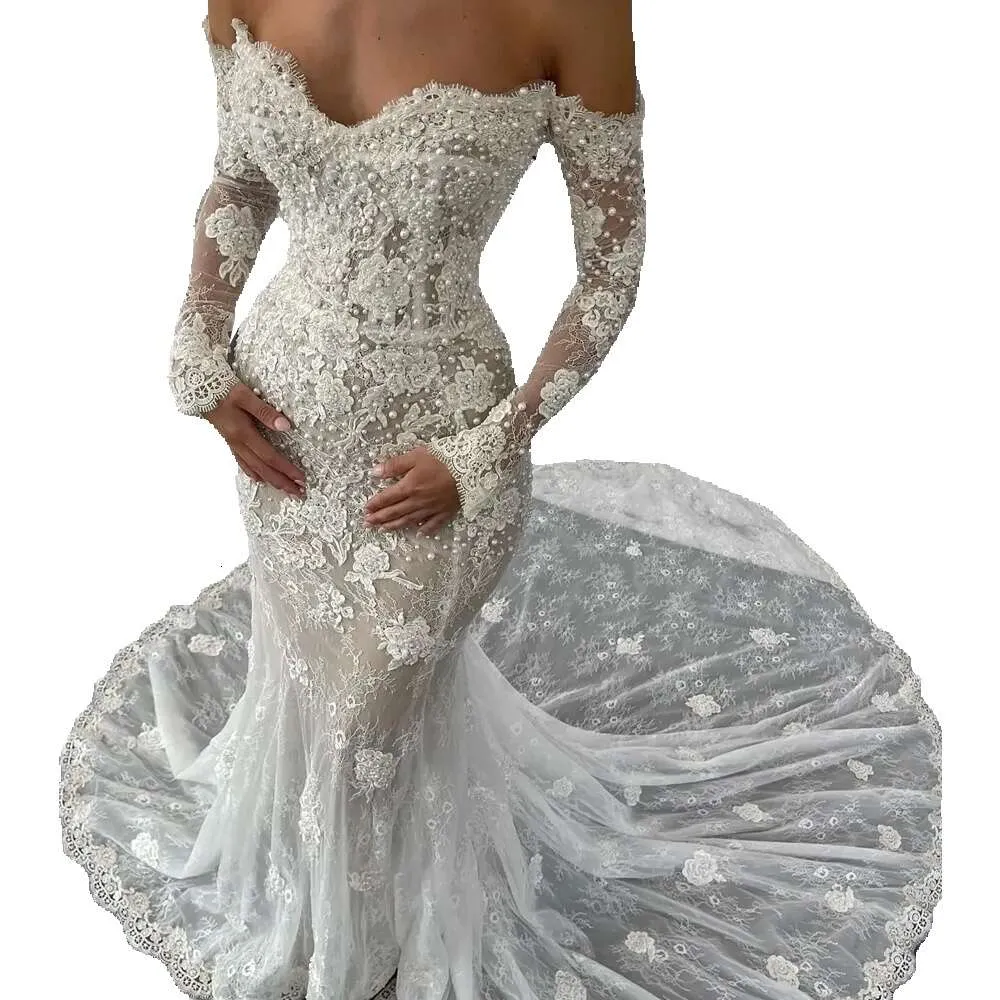 Платья плеча богемы от кружевного свадебной русалки с длинными рукавами корсетные свадебные платья аппликации жемчужины из бисера