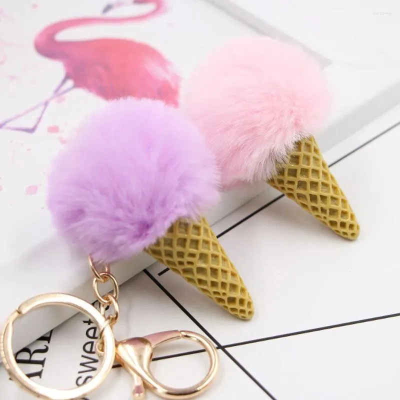 Keychains Faux Fur Cream Pendant Keychain Cute Cartoon Plush Furry Bags Hang Cone Car Key Chain Keyring Creative Gift