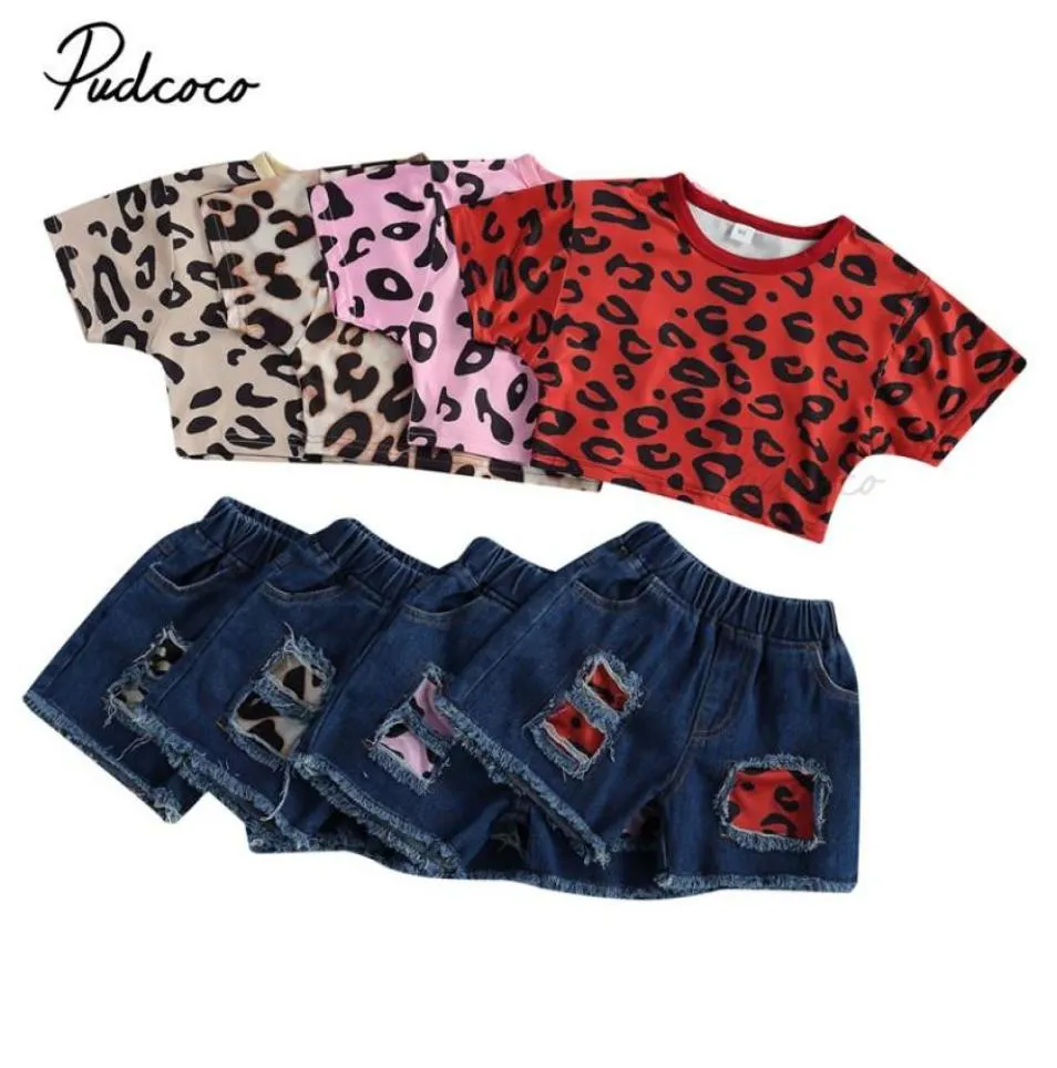 Dziewczyna dla dzieci 039s dwoje kawałków Zestaw dzieci 039S Leopard Print Crop Tops Kobiety z krótkim rękawem elastyczne spodenki dla dzieci 12837590