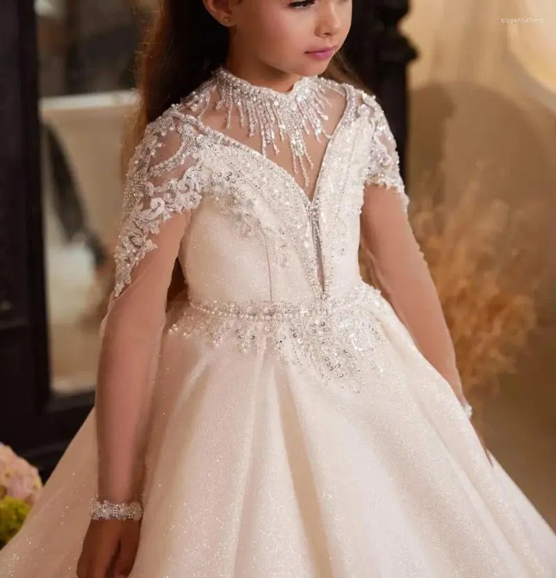 Robes de fille brillante robe à fleurs pour mariage dentelle bouffante paillettes perles manches longues enfants fête d'anniversaire première Communion robes