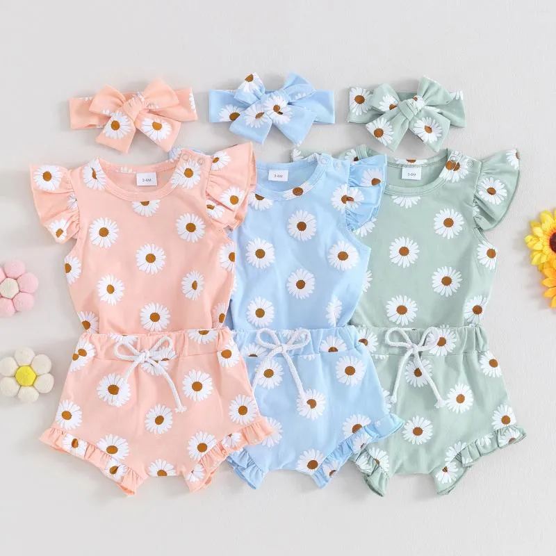 Conjuntos de roupas Focusnorm 3 pcs infantil bebê meninas roupas 0-18m babados manga girassóis impressão macacão shorts headband