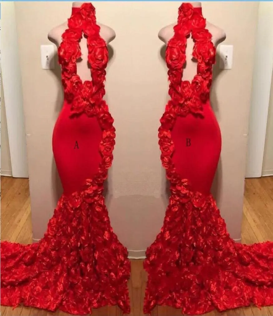 Red Rose Mermaid Prom Dresses Nieuwe sexy high necy Appliques formele avondjurken vegen treincocktailparty jurken 9678315