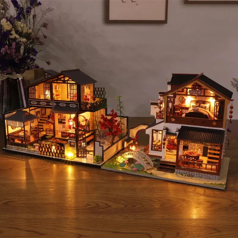 DIY Houten Poppenhuis Kit Miniatuur met Meubilair Japanse Casa Poppenhuis Gemonteerd Cottage Speelgoed voor Meisjes Kerstcadeaus 240304