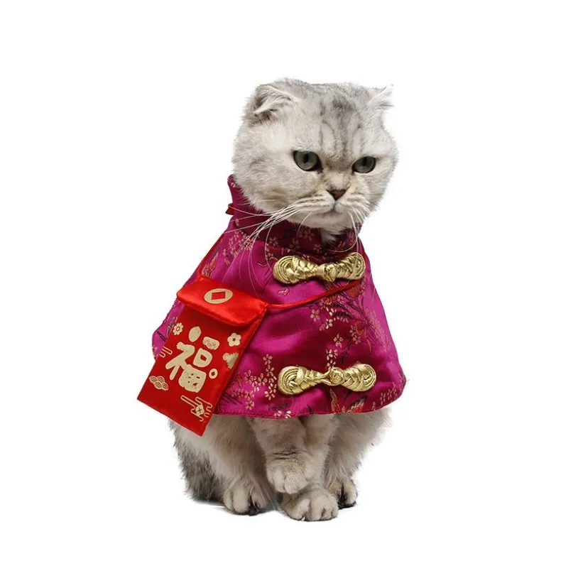 High Quality Pet Cat Chinese Tang Costume New Year Clothes with Red Pocket Festive Cloak Autumn Winter Warm Outfits for Cats Dog286a