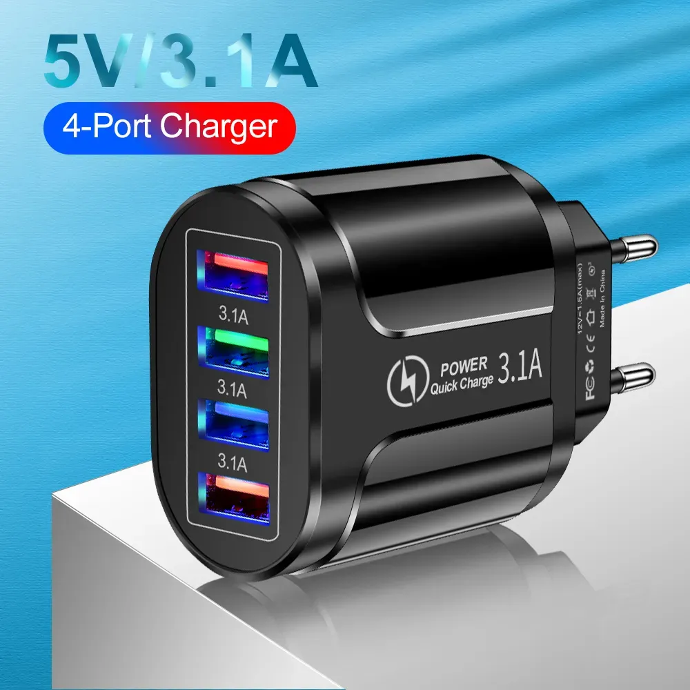 3.1A 4 Ports USB Travel Charger Fast Charge QC 3.0 Wall Charging For iPhone 13 12 Samsung Xiaomi Mobile Plug Charging Adapter