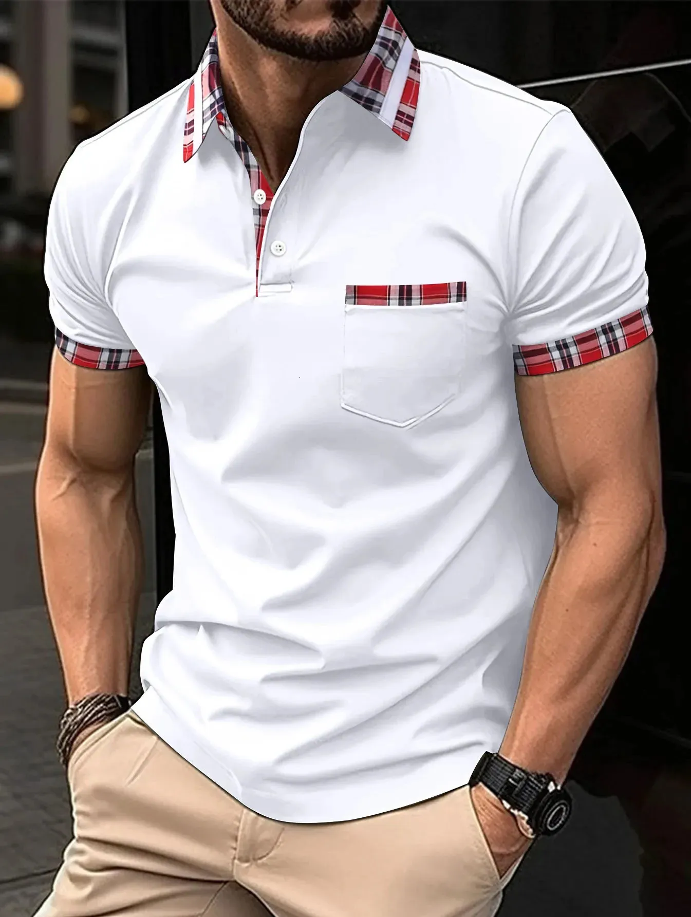 Été nouveaux hommes décontracté à manches courtes polo bureau mode imprimé décolleté T-shirt hommes respirant polo chemise hommes vêtements 240311