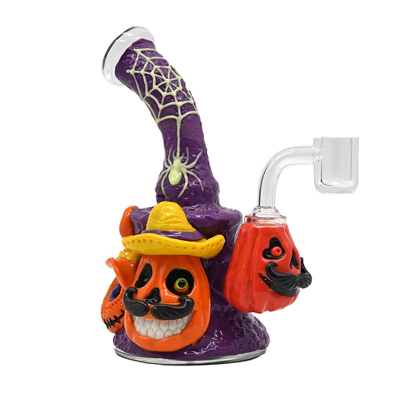 7in,Glass Bubbler With Fixed Diffuser Downstem Water Pipe Bongs,Halloween Style Glass Hookah,Hand Painted Polymer Clay With Glow In Dark,Glass Hookah
