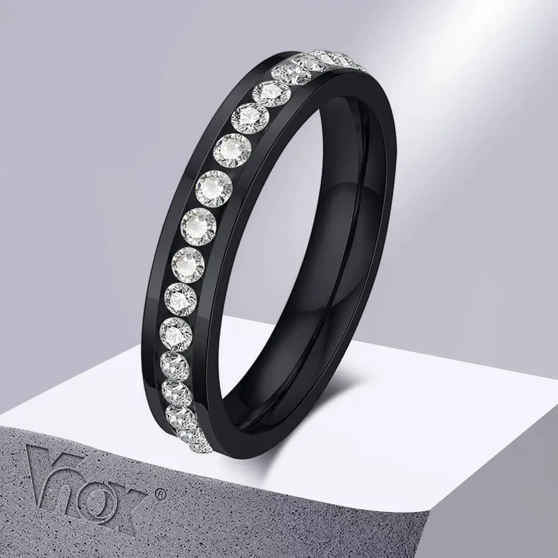 Cluster-Ringe Vnox Frauen Schwarz Rose Gold Farbe Edelstahl Fingerband mit AAA CZ Steinreihe Eleganter Bling Mädchen Ring