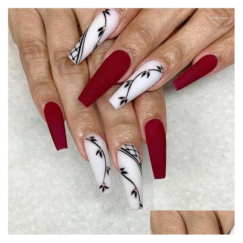Falska naglar 24 st lång kista tryck på ballerina röd vit matt nagel akryl flers svarta blad med verktyg släpp leverans hälsa skönhet otkm