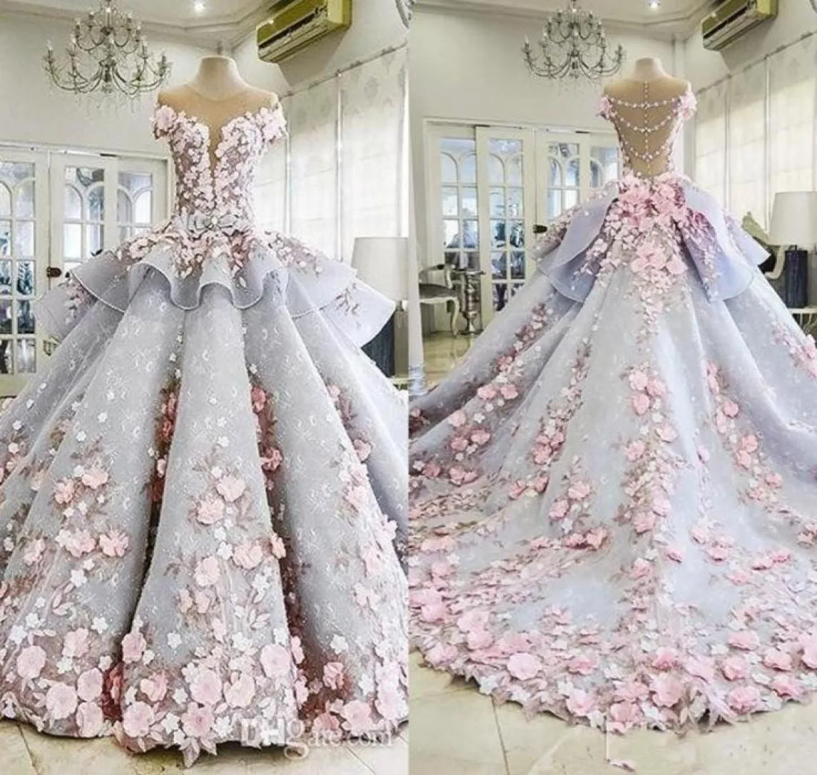 Luxury Quinceanera Ball Gown Dresses 3D Floral Lace Applique Cap Sleeves Sweet 16 Floor Length Sheer Back Puffy Party Prom Evening3054913
