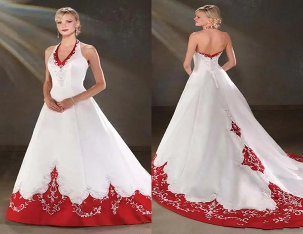 2020 Vintage White and Red Wedding Dresses Halter Neck pärlor En linje Satin Church Bridal klänningar Backless2154483