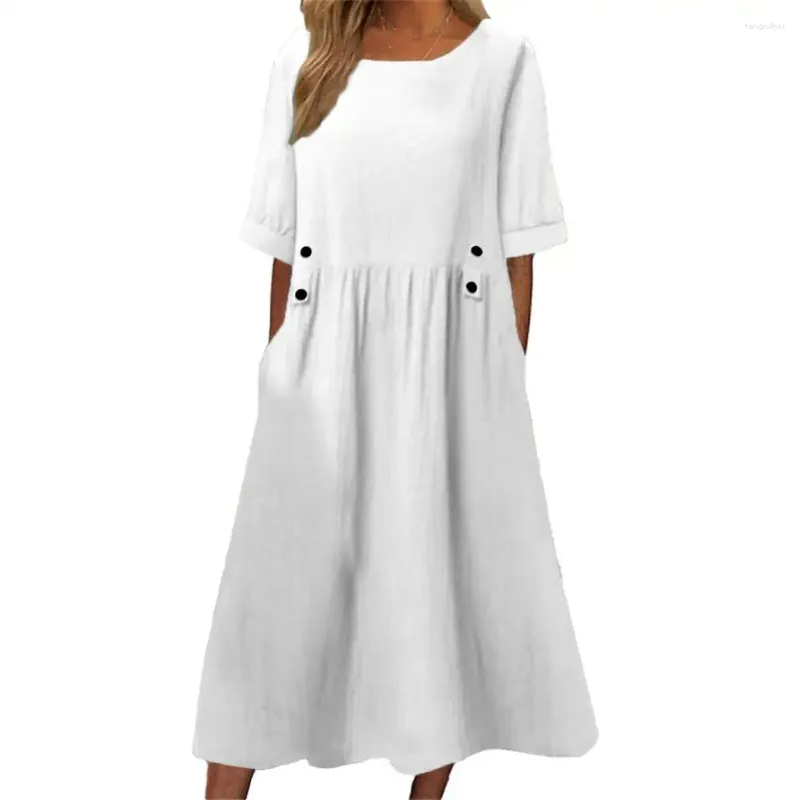 Robes décontractées Femmes Robe Loose Fit Mi-Longueur Double Poches Bouton Décoration Col Rond Manches Courtes Style Boho Vêtements De Travail D'été