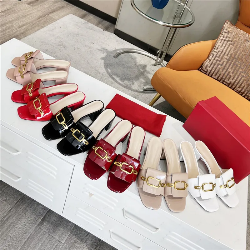 2024 Newest HIGH Quality Slippers Sandals chunky heel women brand Designer Genuine Leather Fashion metal buckle Sandals party shoes dress shoes big size