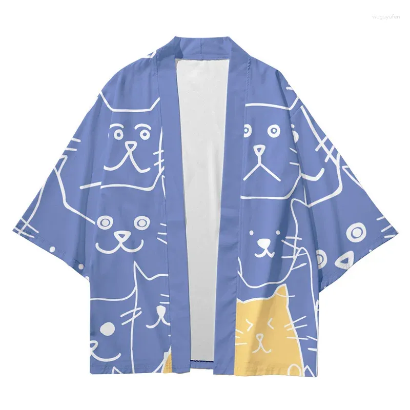 Vêtements ethniques Mignon Chaton Imprimé Yukata Hommes Femmes Mode Cardigan Blouse Haori Obi Vêtements Asiatiques Harajuku Japonais Cosplay Kimono