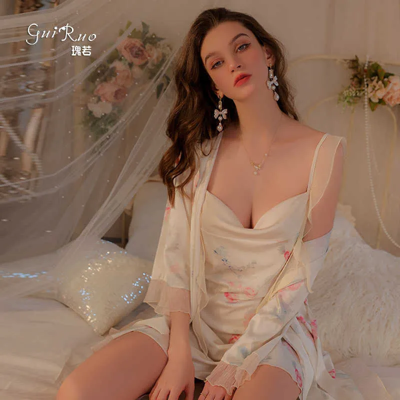Guiruos Nowa siatkowa wstążka seksowna plisowana dekolt nadrukowany kwiat Rosy Back Pajama Sukienka do damskiej noszenia domowego 3931