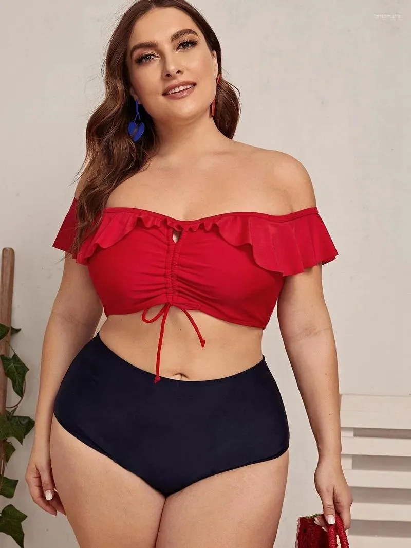 Vrouwen Badmode Plus Size 2 Stuk Sets Vrouwen Badpak Hoge Taille Bikini Verstoorde Badpak Off Schouder Grote Zwemmen 2024