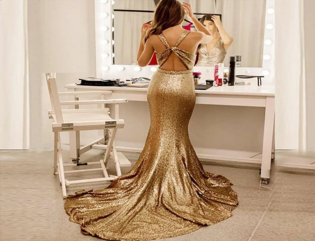 2019 lantejoulas glamourosas sereias vestidos de noite Deep V pescoço sem mangas de champanhe vosto de ouro