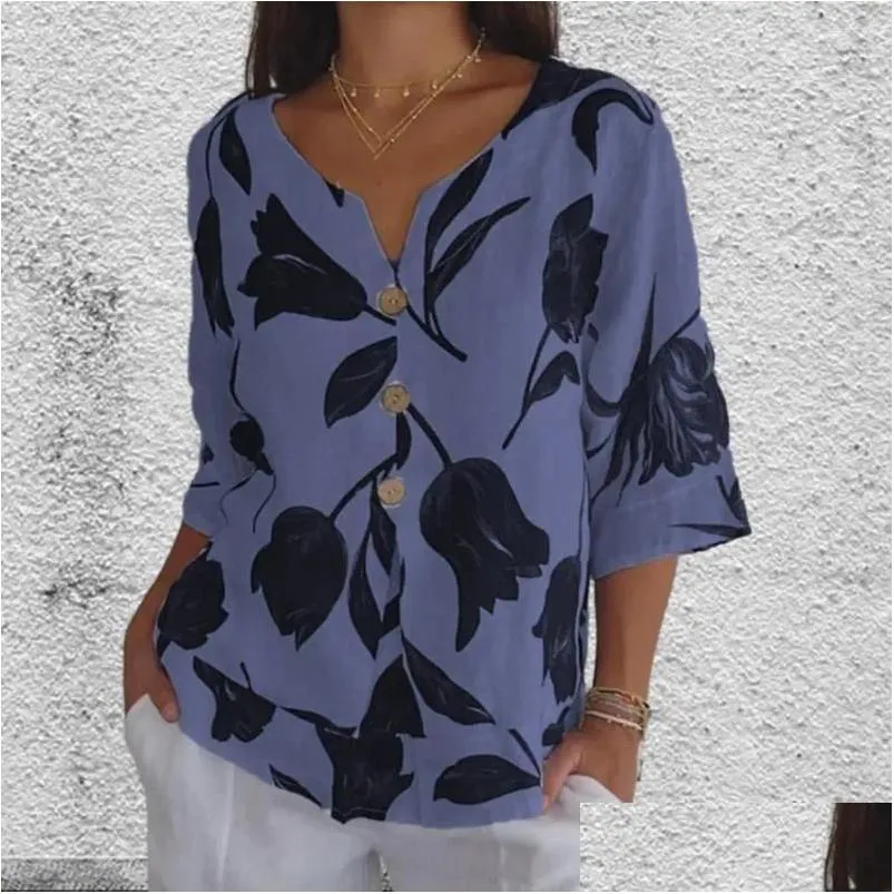 Womens Blouses Shirts Women Blouse Leaf Printed V Neck For Retro Three Quarter Sleeve Shirt With Contrast Color Soft Breathable Ladys Otkyv