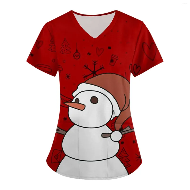 Damen-T-Shirts, Weihnachten, Scrubs, Uniformen, Damenbekleidung, S-5XL, Übergröße, V-Ausschnitt, Tasche, kurze Ärmel, Weihnachtsmann-Oberteile, Weihnachts-Still-T-Shirt