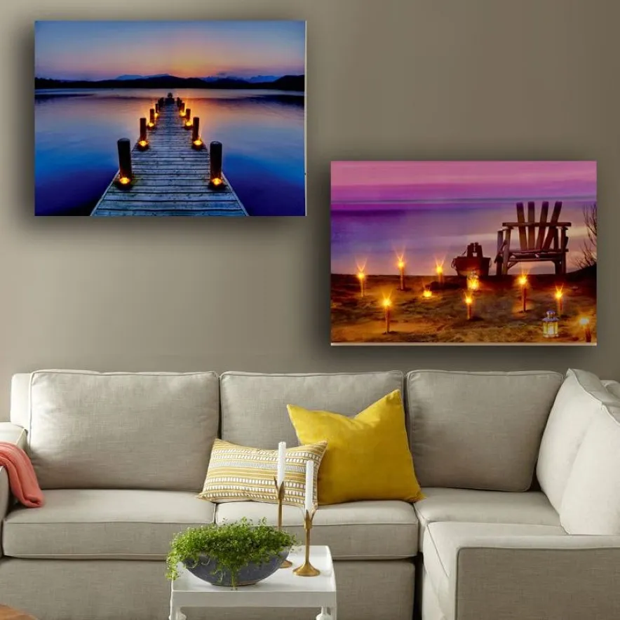 Sjö och strandscen Flickande LED -väggbild med ljus Canvas målning med LED -ljus för hemdekorativ Y200102266I