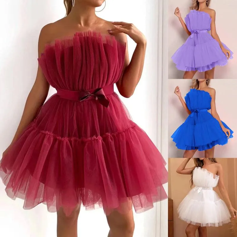 Casual Dresses European och American Tube Top Style Mesh Temperament Bowknot Tutu Dress for Women