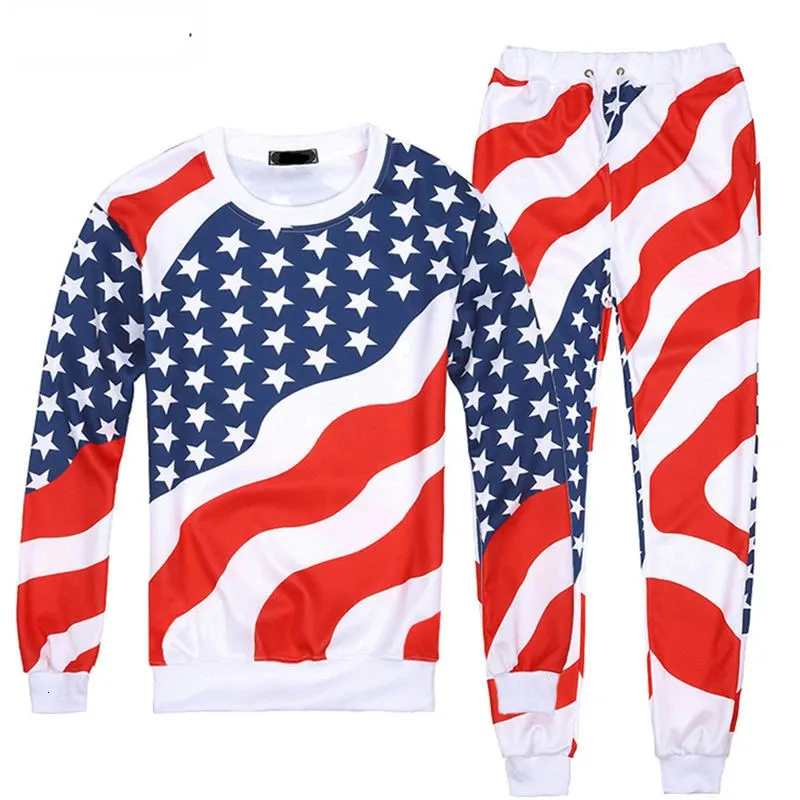 Fashion Men/Women American Flag Print Tracksuits Crewneck SweatshirtPants 2pcs Pullovers joggers set Plus S-XXL R2393 240311