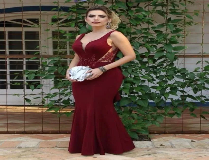 Vinho vermelho profundo decote em v vestido de baile vestidos de noite cintura cortada com apliques rendas lantejoulas frisado longo sereia formal pageant dress3656756