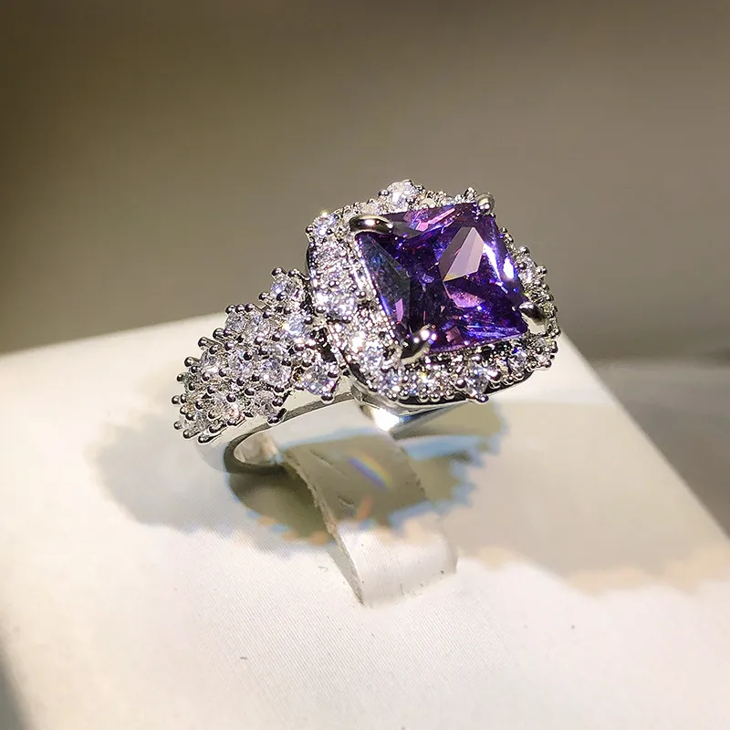 Simple Colorful Gemstone Ring Women's Light Luxury High-Grade Super Shiny Luxurious Inlaid Purple Gemstone Bright Full Diamond All-Matching