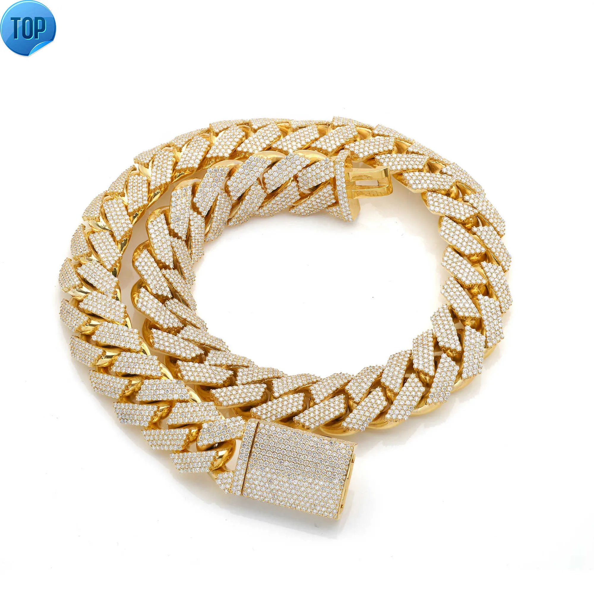 4 Reihen Diamond -Drucker Set Cuban Link Chain 14K Gold plattiert Hip Hop Eced Schmuck Bling VVS Moissanit Halskette für Männer