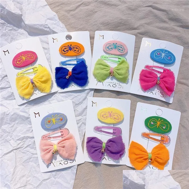 Hårtillbehör 2 PCS barns enkelt Colorf Fabric Bow Hairpin Headbond Fashion Sweet Girl Embroidery Fjäril BB CLIP DROP DELIV OTJFX