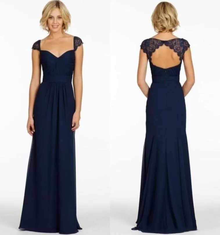 2020 Charming Dark Navy Bridesmaid Dresses Chiffon Sweetheart Cap Sleeve Backless Vintage Cheap Evening Dress Long Party Prom Gown2292221