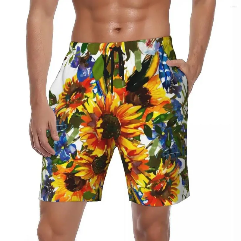 Herren-Shorts, bemaltes Sonnenblumenbrett, Sommer, einzigartiges Sonnenblumen-Design, stilvolle Strand-Männer, Sport, Fitness, schnell trocknende Badehose