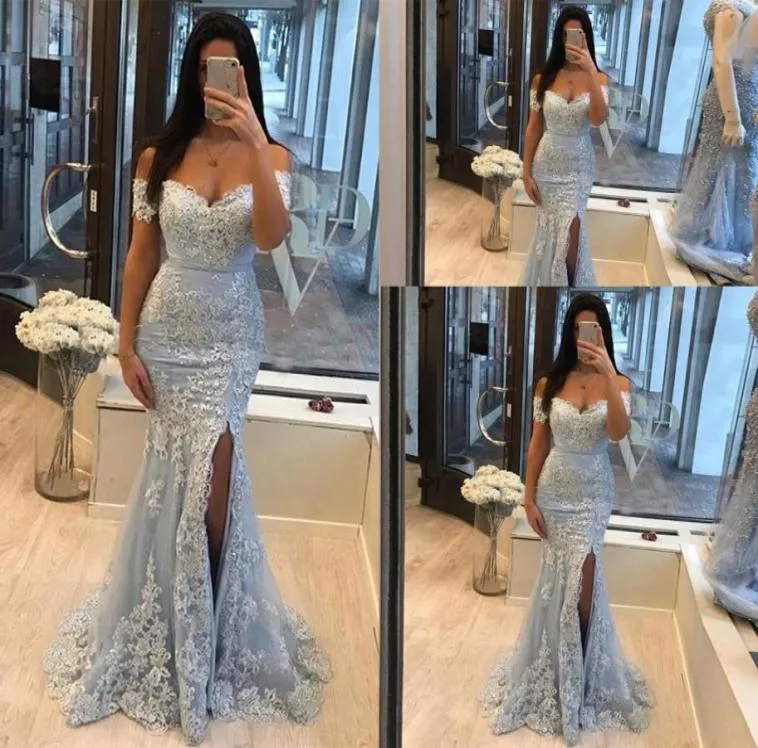 2020 New Light Sky Blue Mermaid Prom Dresses Off the Shoulder Lace Appliques Crystal Beaded High Side Split Tulle Party Dress Even5010140